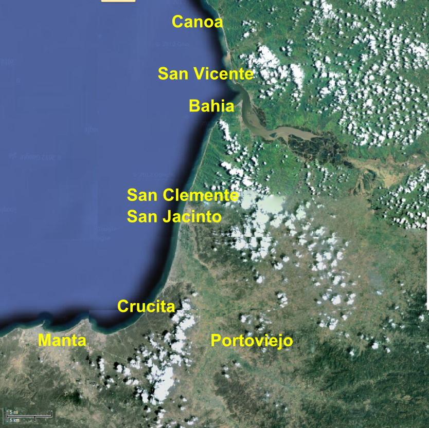 Major cities and towns along Ecuador's Central Coast