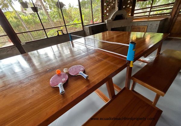 indoor screened patio with dining/ ping pong table and pizza oven